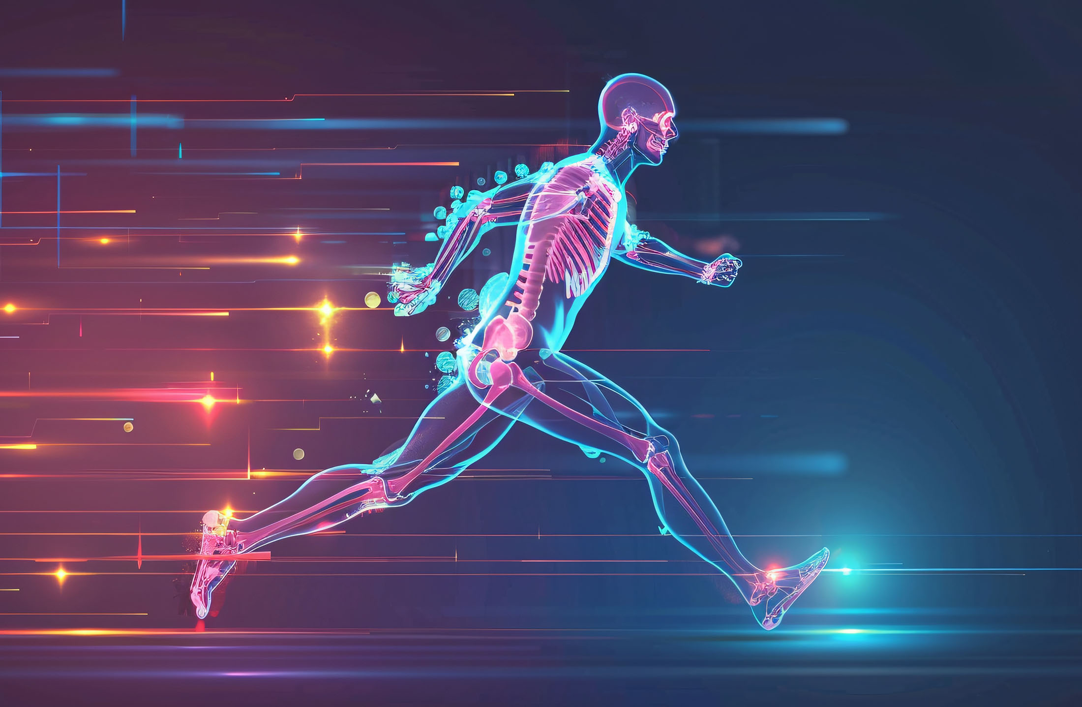 Image of a glowing blue and pink neon running man on dark background