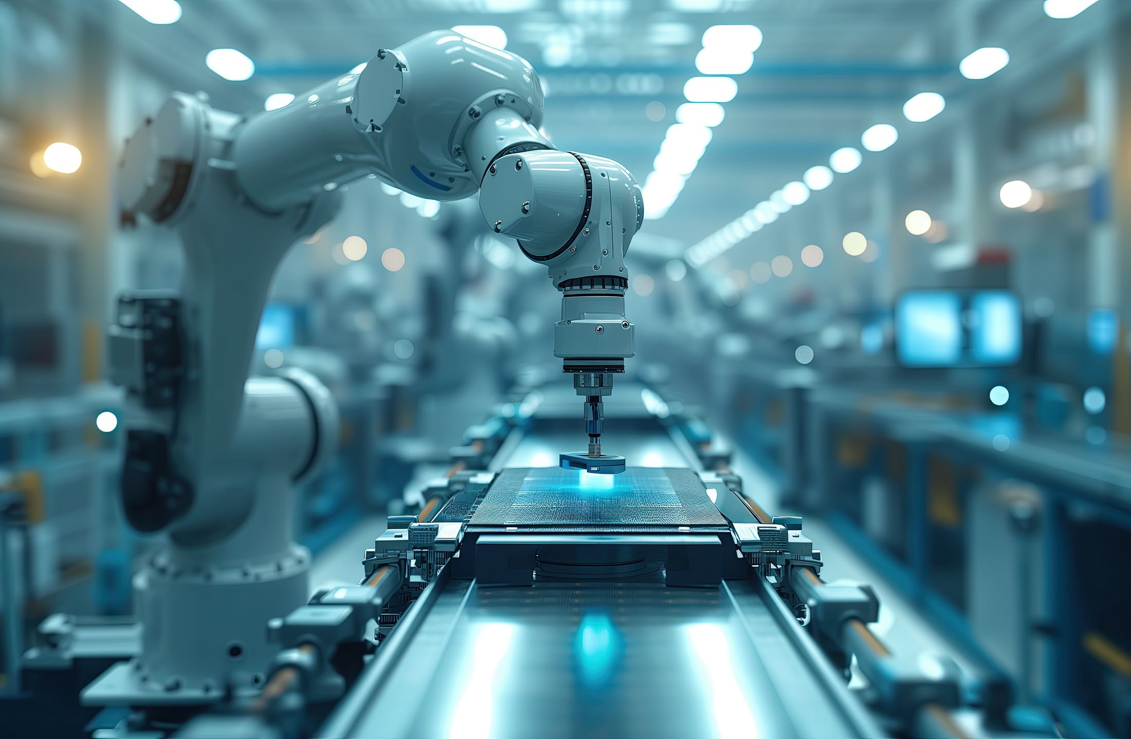 Mechanized industry robot and robotic arms for assembly in factory.