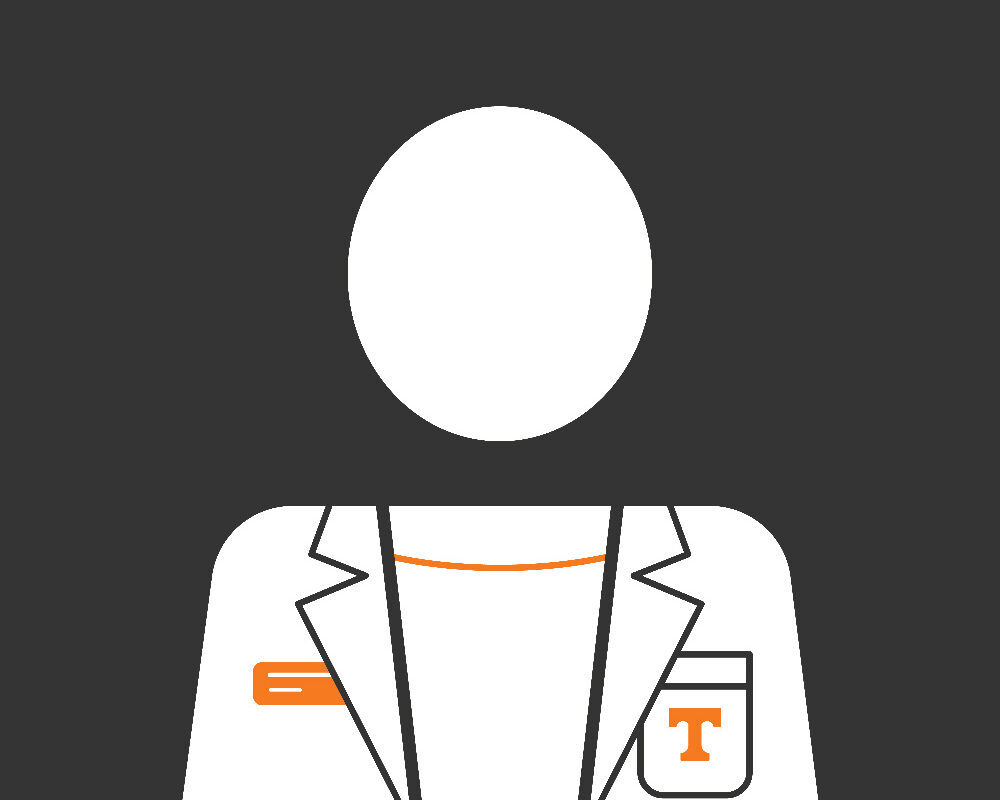 A computer illustration of an outline of a person wearing a UT lab coat with orange accents.