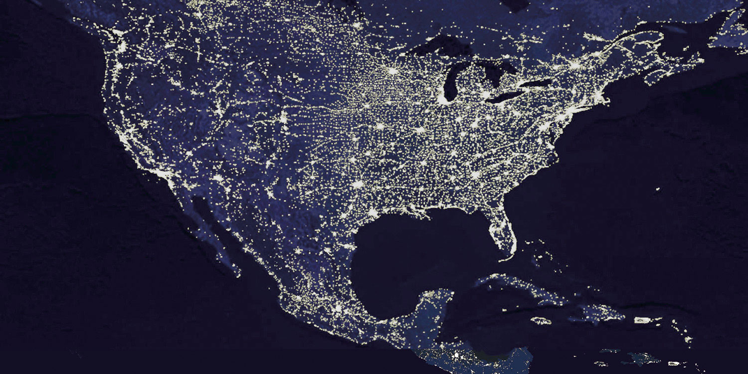A view of North America from space at night