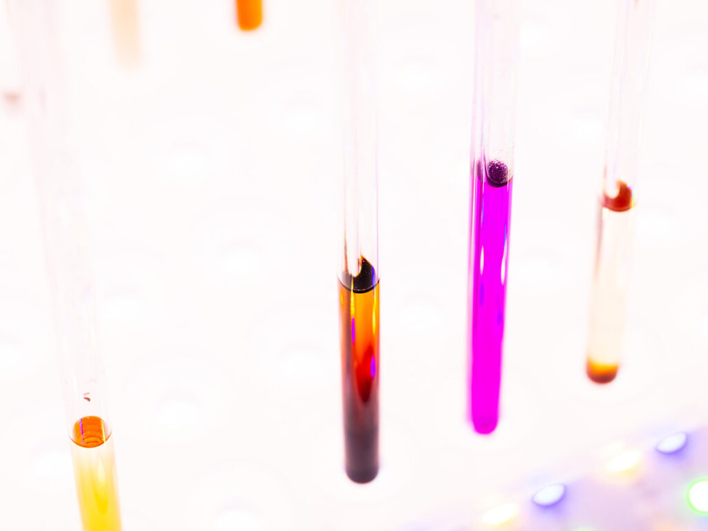 Detail of glass tubes holding color liquids in the Polymer Characterization Laboratory at the University of Tennessee.