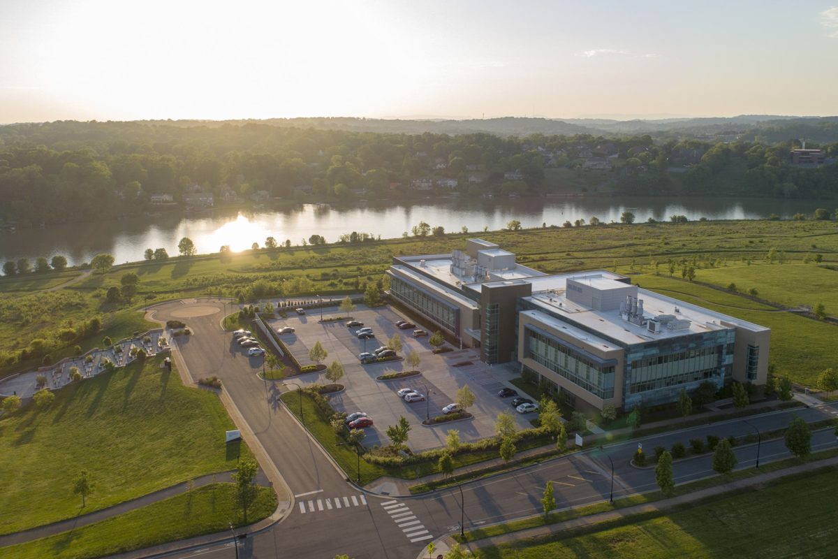 Aerial view of IAMM headquarters with the Tennessee River behind.