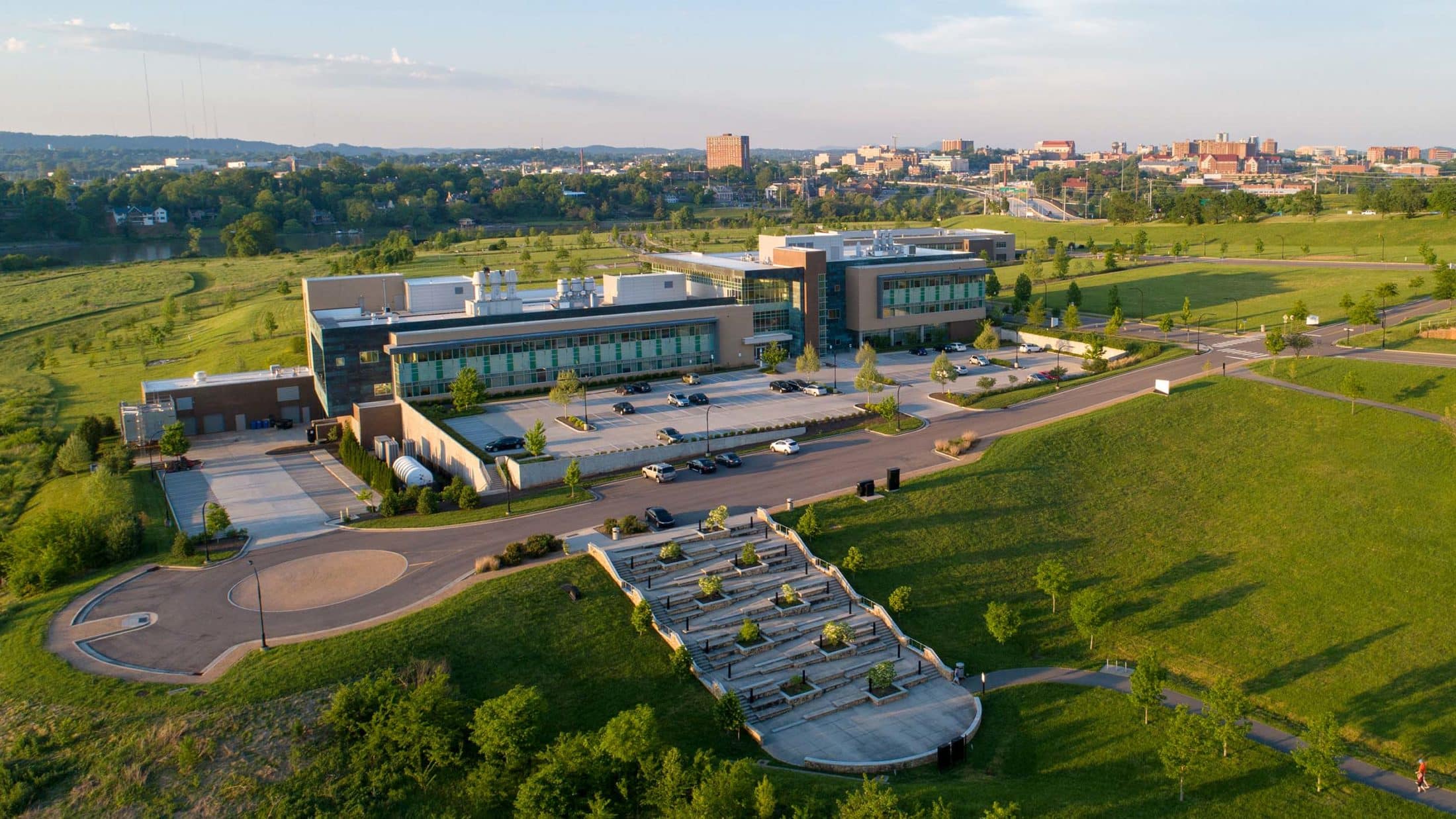 Aerial view of the Institute of Advanced Materials and Manufacturing building at the UT Research Park at Cherokee Farm.