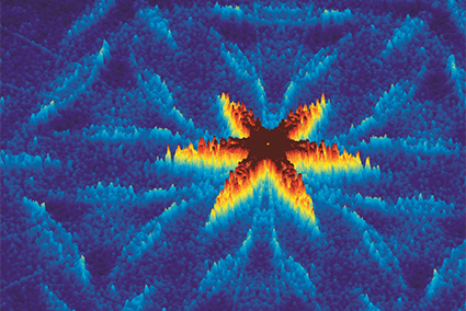 3D image of a quasi-particle interference spectrum of a monatomic superconducting tin layer on a silicon substrate.