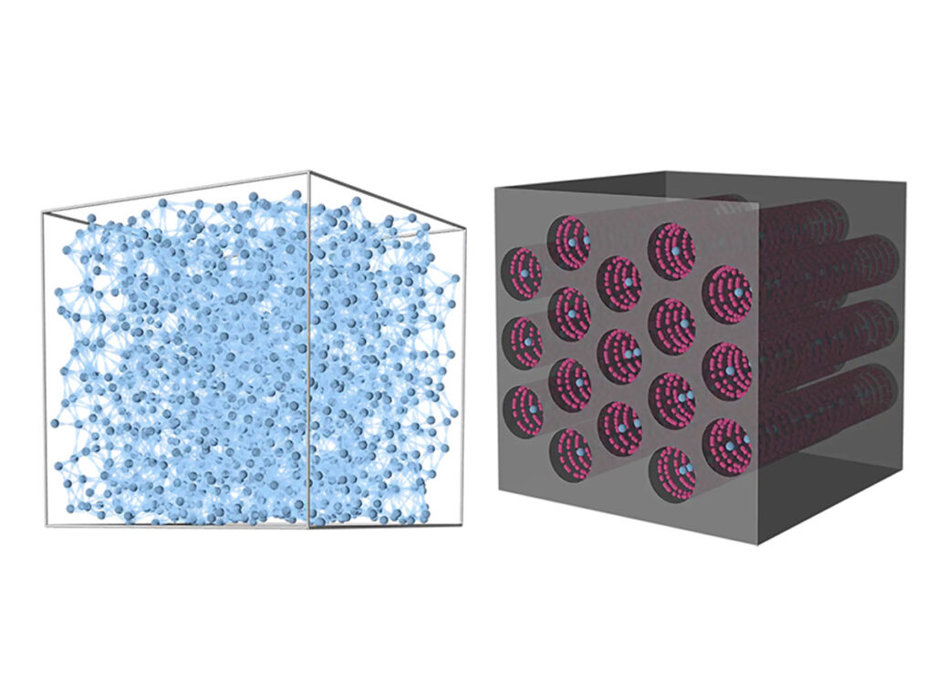 Conceptual image of strongly interacting helium atoms (Left) and helium atoms moving through a 1-D pipe coated with argon.