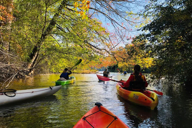 Several people navigate kayaks through a narrow pass in a river.