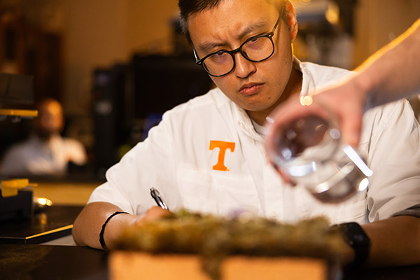 Yulen Li examines the Phyto-activated functional Living Materials (PhantoM) that has been inoculated it with moss in the Science and Engineering Research Facility (SERF) lab at the University of Tennessee.