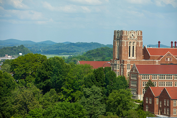 Beauty shot of Ayres Hall with mountains in the background.
