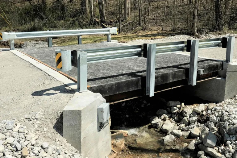 A bridge in Morgan County, Tennessee, made with fiber-reinforced polymer composites.