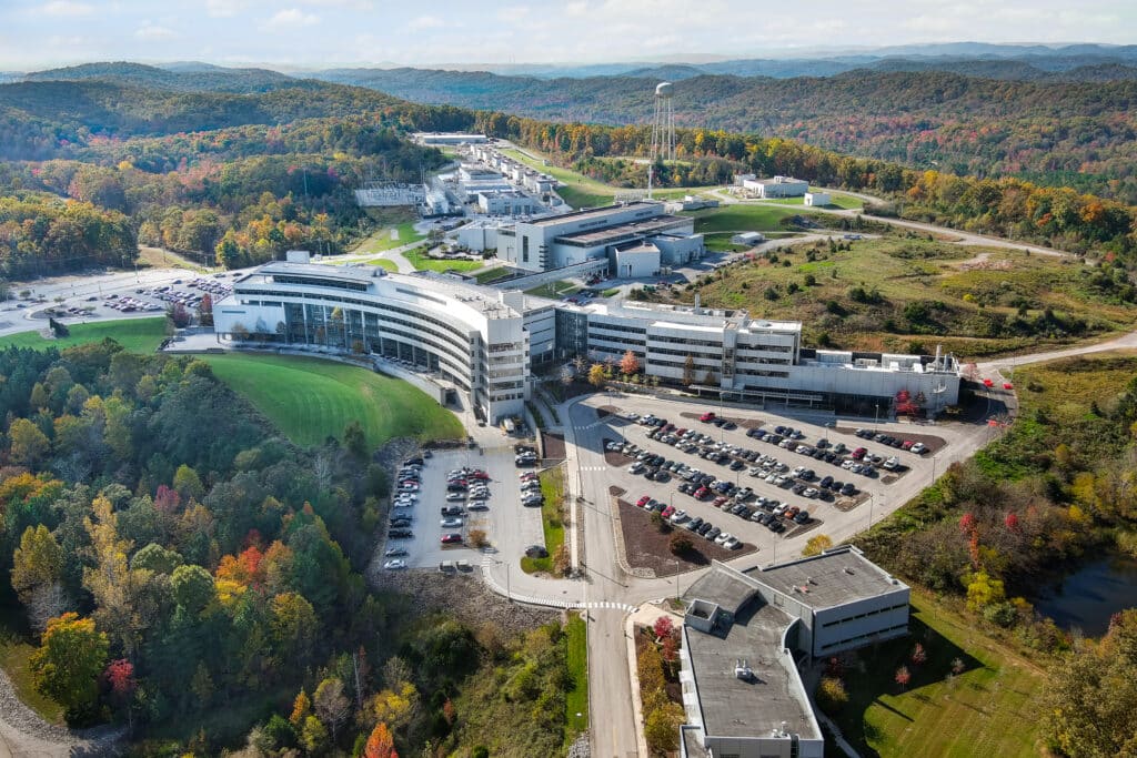 Birds-eye view of Oak Ridge National Laboratory's campus, including the building housing the Spallation Neutron Source.