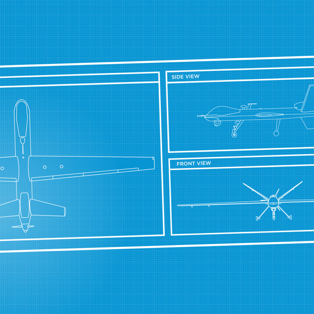 Blue print with several sketches of an airplane seen from different viewpoints.