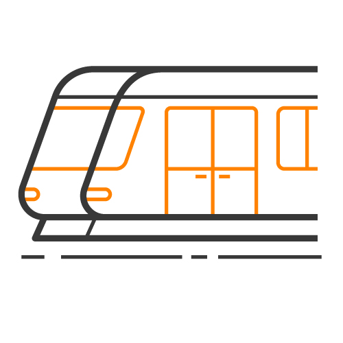 Illustration of a high speed train with orange doors and windows.