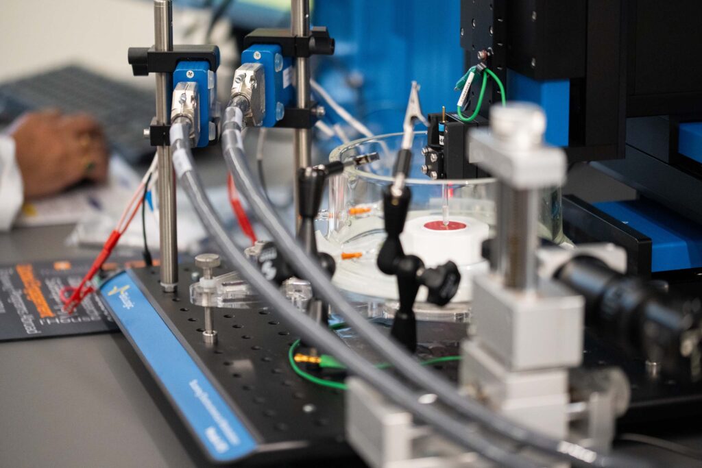 Close up of a scanning electrochemical workstation.