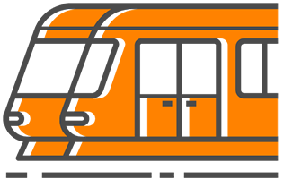 Icon of an orange train with Smokey gray outline.