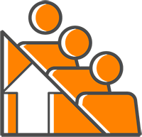 Icon of three orange individuals with a white arrow pointing up.