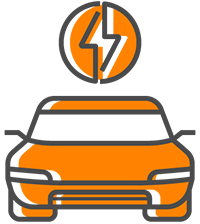 View from the front of an orange electric vehicle with a power symbol above it.