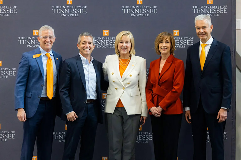 Group photo during the Volkswagen 5 year celebration at Innovation South. From Left Marc Gibson, associate vice chancellor for research and director of the division of partnerships and economic development; Lyndon Lie, CTO, Volkswagen North America; Chancellor Donde Plowman; Susan Hubbard, Deputy for Science and Technology at ORNL; and Dr. Nikolai Arden, EVP Volkswagen Group Innovation,