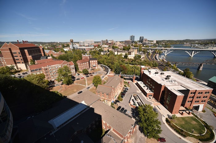 An aerial view of the east side of UT’s campus, showing the approximate location of a new $129 million, 228,000 square-foot facility.