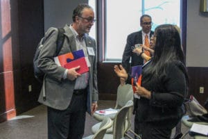 Keynote speaker Judith Lee Smith speaks with Allen Pannell, lecturer in UT's Haslam College of Business, at the 2018 21st Century Cures: Southeast Conference at the Howard H. Baker Jr. Center for Public Policy.