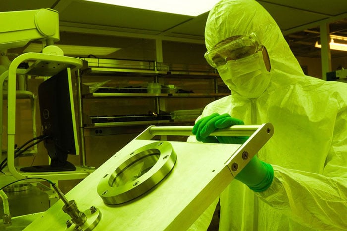 Engineering master’s student William Gerding works in the clean room at the UT–Oak Ridge National Laboratory Joint Institute for Advanced Materials