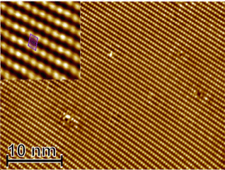 Example of an STM image taken by Smith. Each bright dot corresponds to a Pb atom which reconstructs into well-ordered rows (titled the √7x√3 Pb/Si(111) reconstruction). The inset contains an image at a smaller scale