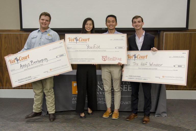 The Vol Court 2019 Fall winners were, left to right: Second place, Andrew Swafford for Andy’s Beekeeping LLC, a business providing all-natural honey and beeswax products; first place, Ashley Chen and Frank Gao for YouEat, a mobile application offering a social solution to online food ordering; and third place, Joshua Cook for The Half Windsor, a company providing premium-quality bespoke suits and custom shirts. 