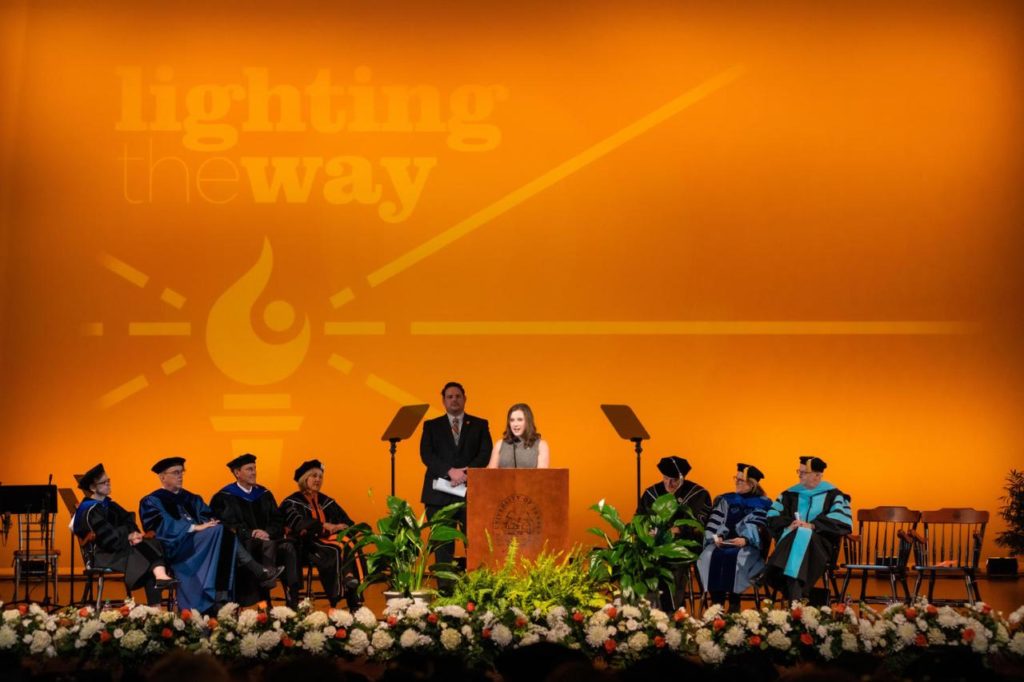 Natalie Campbell, Student Government Association president, remarks on behalf of the students during the investiture ceremony for Chancellor Donde Plowman inside the Student Union Auditorium on November 6, 2019. Photo by Steven Bridges/University of Tennessee