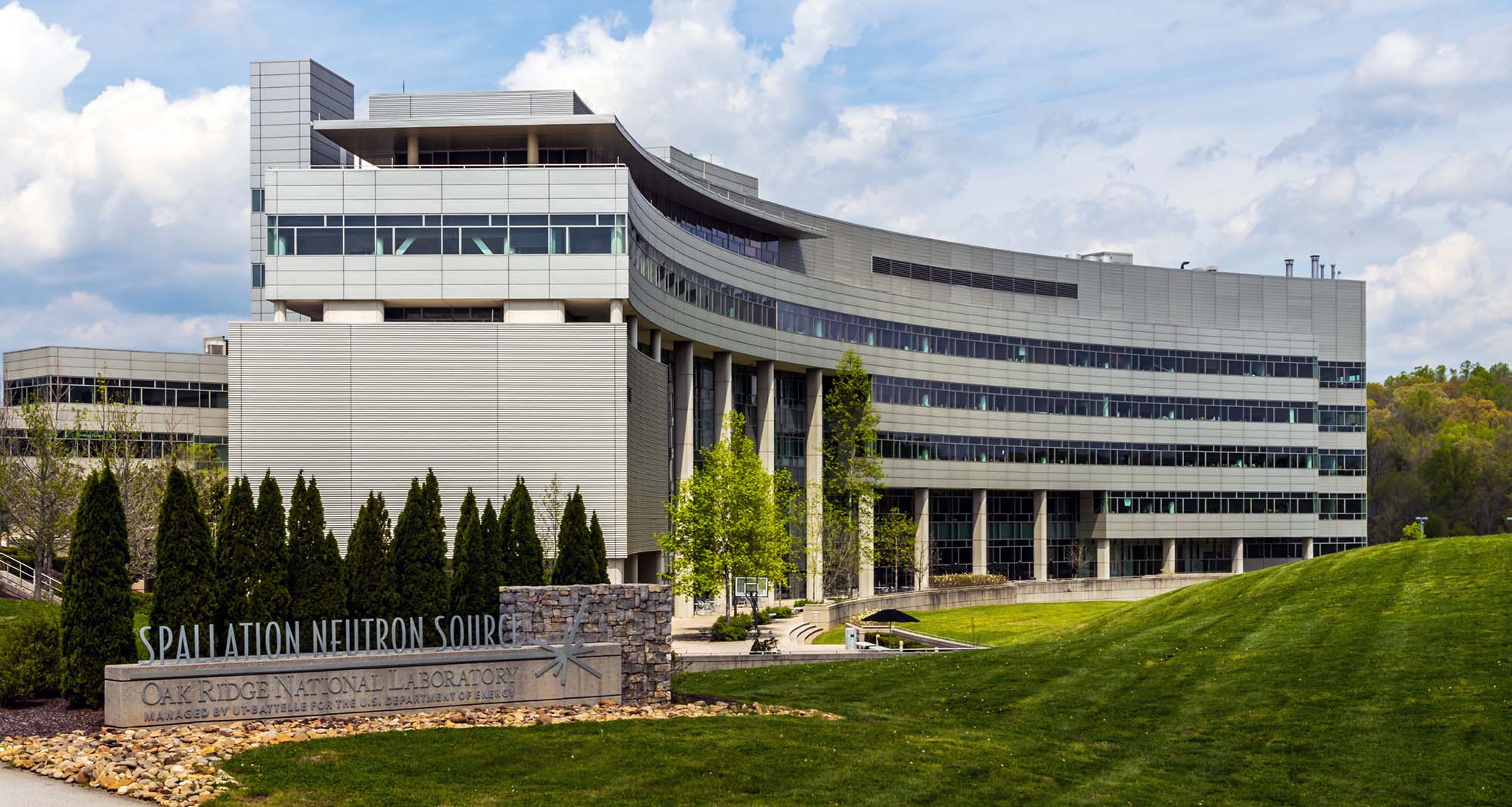 Exterior of the Spallation Neutron Source building at Oak Ridge National Laboratory.