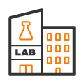 Computer illustration featuring a laboratory building with orange accents.