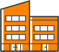 Computer illustration featuring an orange building with Smokey gray accents.