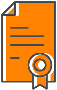 Icon of an orange paper with writing on it and a seal of approval at the bottom right corner.