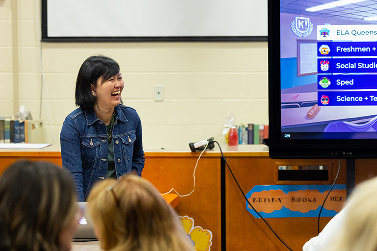 Graduate student Su Chen Tan leads a session discussing how mental health impacts learning to a group of high school teachers during an inservice day at Union County High School