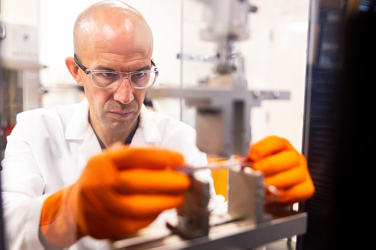 University of Tennessee Associate Professor Pierre-Yves Mulon conducts a tensile test, a method of precision medicine.