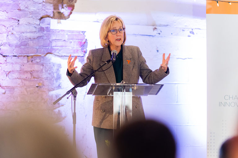 Chancellor Donde Plowman speaks during the Chancellor's Innovation Fund Awards Ceremony at the Emporium.