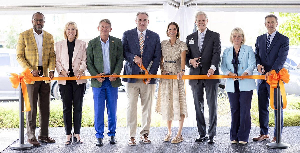 Left to right: UT Medical Center President and CEO Keith Gray; UT Knoxville Chancellor Donde Plowman; UT System President Randy Boyd; Brad Day; Emily Bell; Joseph Baddour; Deb Crawford and Brett Malone during the Center for Precision Health dedication.