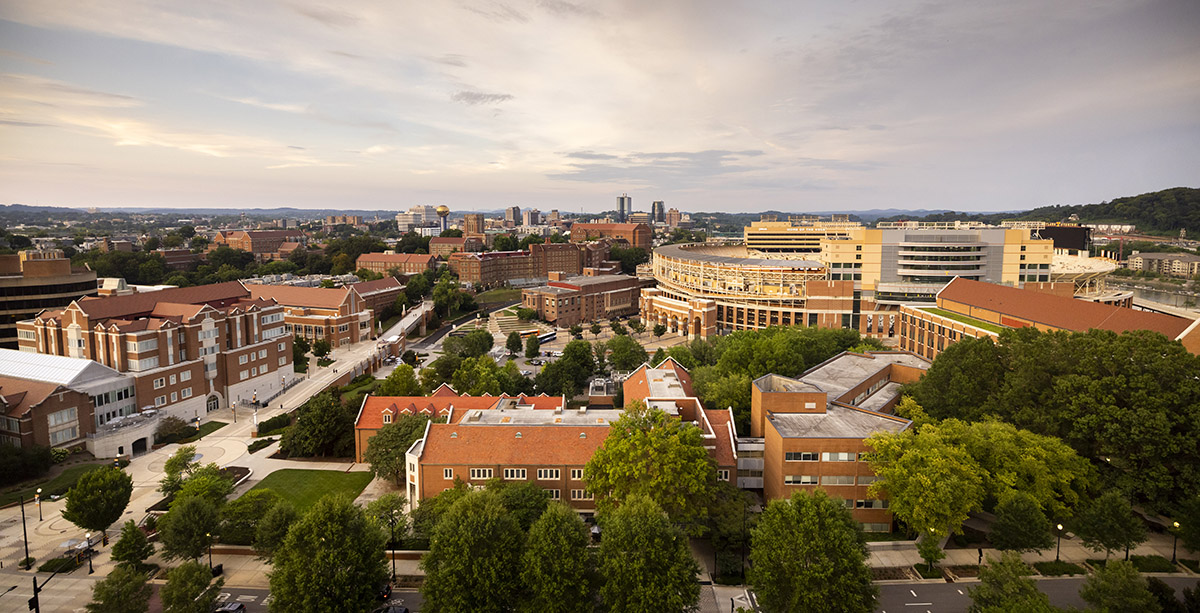 Aerial view of the University of Tennessee campus during the fall.
