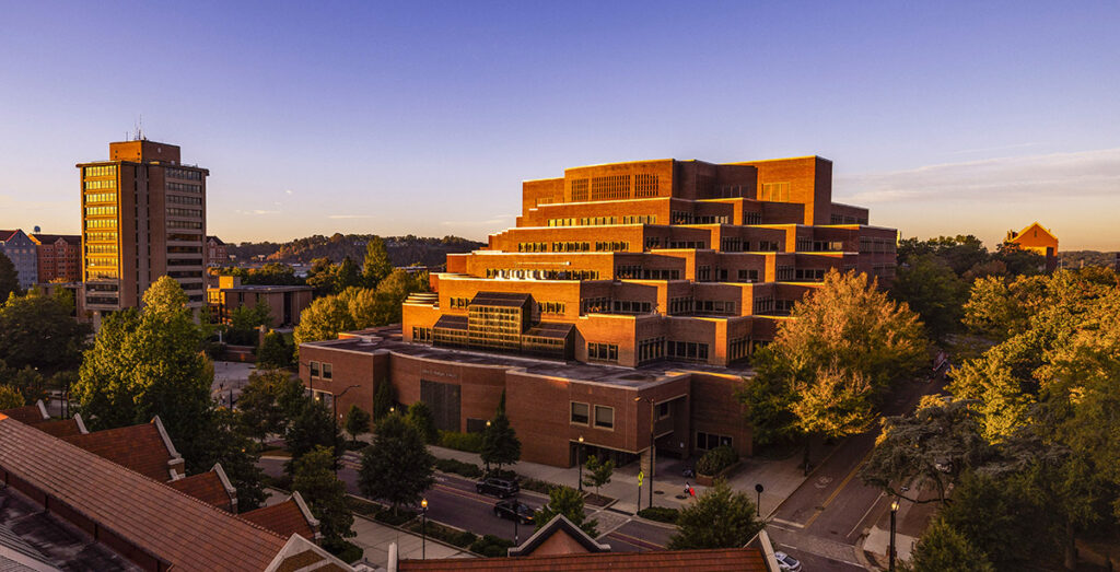 Hodges Library at the University of Tennessee, Knoxville, during sunrise.