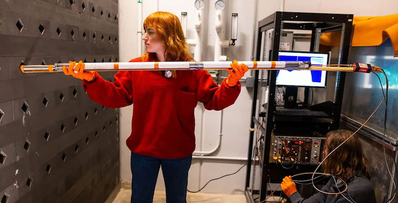 Researcher holding graphite test specimen at pile testing facility