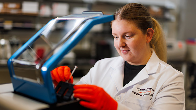 A technician works in a pharmaceuticals lab in the Institute for Advanced Materials.